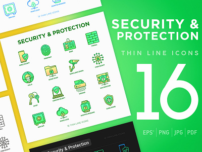 Security Protection | 16 Thin Line Icons Set computer cyber data firewall icon internet key line lock password protection safe safety secure security set shield technology vector web