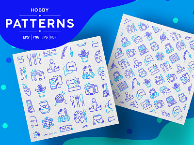 Hobby Patterns Collection art book camera card chat cooking game hobby icon illustration line movie music painting pattern reading seamless thin vector writing