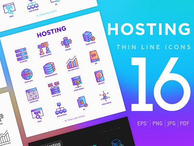 Hosting | 16 Thin Line Icons Set center cloud communications data download file hosting icon illustration internet isolated network online server set thin upload vector web website