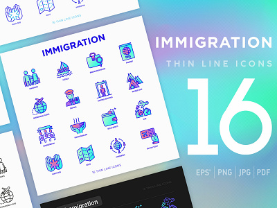 Immigration | 16 Thin Line Icons Set army camp citizenship collection country family flat icon illustration immigrant immigration line people person political refugee set symbol travel vector