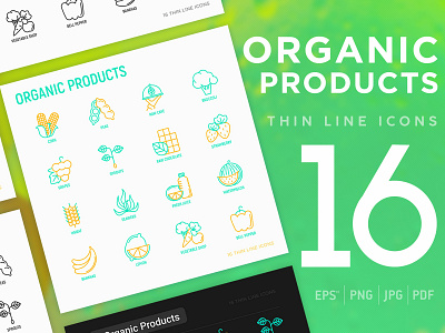 Organic Products | 16 Thin Line Icons Set care diet food fresh green health healthy icon illustration natural nature organic product products set symbol vector vegetable vegetables vegetarian