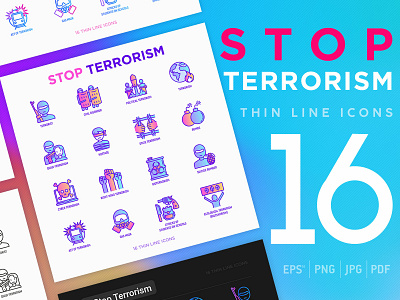 Stop Terrorism | 16 Thin Line Icons Set army attack bomb crime gun icon illustration knife line military set symbol terror terrorism terrorist thin vector violence war weapon