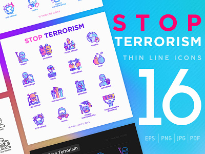 Stop Terrorism | 16 Thin Line Icons Set