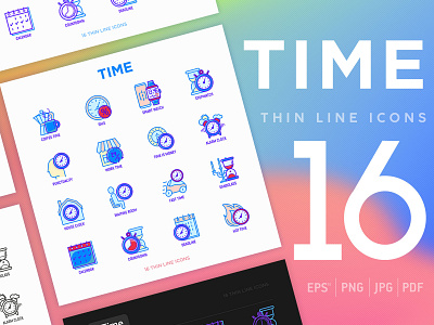 Time | 16 Thin Line Icons Set