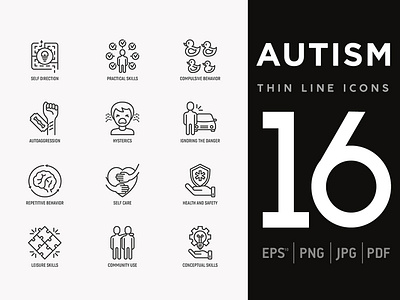 Autism | 16 Thin Line Icons Set attention autism autistic awareness behavior care child communication depression disease disorder health icons mental problem set skill symptoms syndrome vector