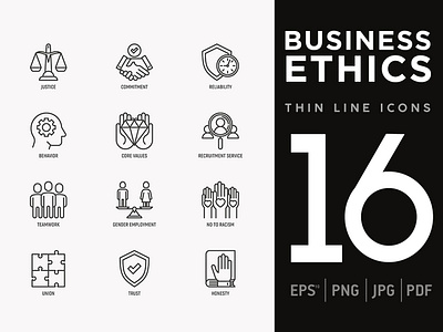 Business Ethics | 16 Thin Line Icons Set business commitment company concept core corporate culture ethics honesty icon integrity line relationship reliable responsibility set social transparency trust values