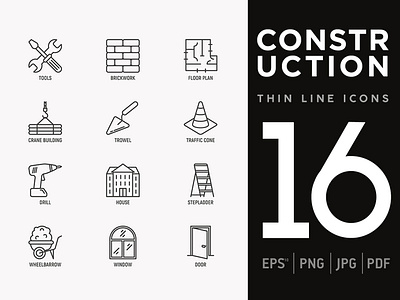 Construction | 16 Thin Line Icons Set builder building collection construction crane drill engineering equipment helmet home house icon illustration line repair set sign symbol tools vector