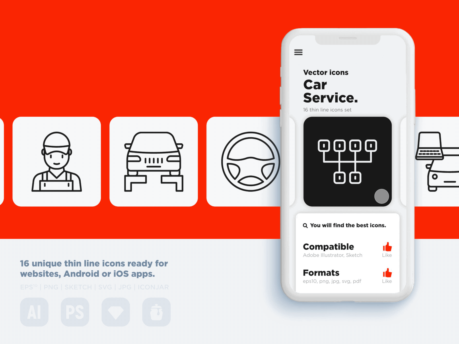 Car Service | 16 Thin Line Icons Set auto battery car check computer diagnostics design drive engine gear hand helm icon jack laptop line logo mechanic modern motor oil