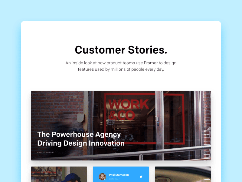 Framer Customer Stories animation article articles cards design framer podcast prototype quote site stories tool