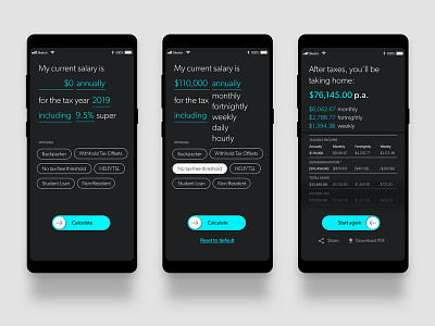 Income Tax Calculator australia bank black calculator design flat design minimal slider table ui ux