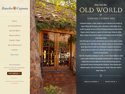 Rancho Caymus Website Design california call to action content cta deals design home page homepage hotel mediterranean napa napa valley old world rancho rutherford specials subtle textures valley web design website wine wine country