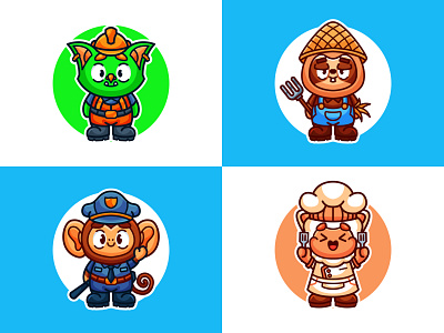 Animal Proffesion Cartoon Icon Illustration animal chef contractor cute esport farmer game gaming goblin graphic design illustration kids logo mascot mascot logo monkey monster police sheep