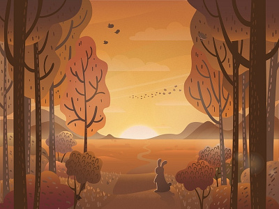 Evening Sun 2d art adobe illustrator forest illustration orange sky rabbit road sun sunset vector vector art