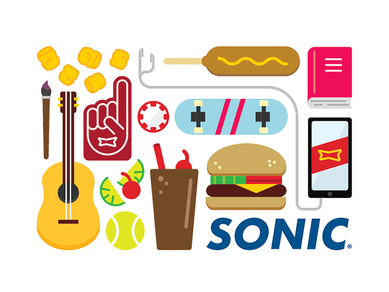 Sonic gift card sleeves art drive in food ice cream music school sonic sports summer tots travel vector