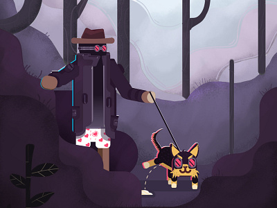 Spy like men walking with dog in a wood illustration