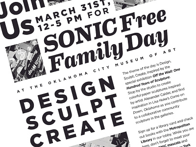 Join Us (For Sonic Free Family Day!) art black and white flyer grid layout layout monochromatic museum museum of art okc okcmoa oklahoma city simple type typogaphy