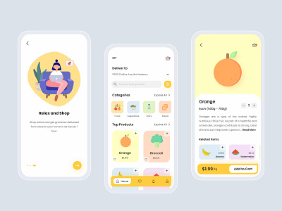 Grocery Delivery App Exploration app branding bright color cards clean colorful colors ecommerce ecommerce app grocery grocery app grocery online grocery store illustrations ui ui inspiration uidesign uitrends ux uxdesign
