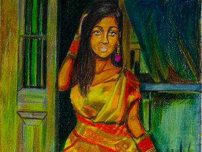 Hindi Woman art artwork asia black design hindi illustration painting prismacolor yellow