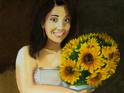 A young woman art artwork asia beautiful blue brown coloful design drawing flat illustration painting prismacolor sunflower sunflowers white yellow