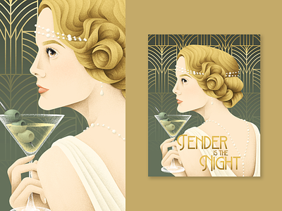 Tender is the night art deco book cover design girl grain texture grit illustration martini portrait tender is the night texture vector woman