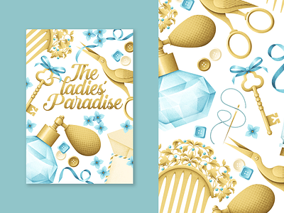 The Ladies Paradise book book cover comb design grain texture illustration key perfume scissors tape texture vector
