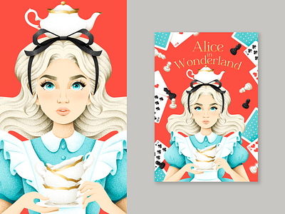 Alice’s Adventures in Wonderland a cup alice alices adventures in wonderland book book cover chess design girl grain texture illustration mad tea party playing cards portrait teapot texture vector