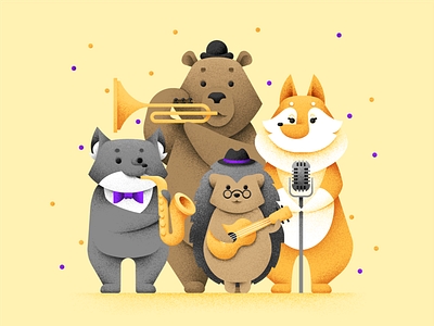 Jazz band! animals bear characters childrens illustration cover cover of the musical album design fox grain texture hedgehog illustration jazz band musical album musical instruments texture vector wolf