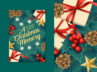 A Christmas Memory a christmas memory book book cover christmas cone design fir fir tree gift grain texture holly ilex illustration texture vector