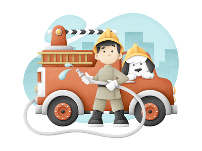 Brave little fireman car child dog fire engine grain texture grit illustration job texture vector vectors