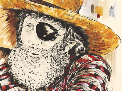 Jack Oneill beach beard eye gold hat icon illustration jack oneill legend ocean patch portrait red straw stripes surf waves wet suit white yellow