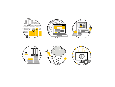 Job Icons in black and white + yellow adobe art branding buisness chef hat chef logo data design detailed engineer icon illustration illustrator logo media minimal office vector