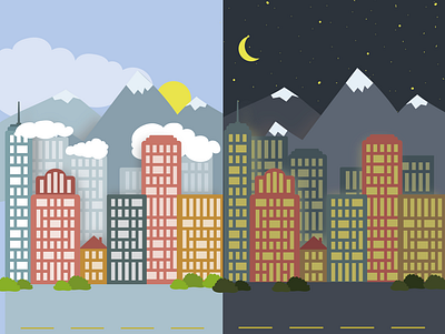 Citylife at day and night adobe art dark darkmode design detailed draw drawing illustration illustrator light lightmode minimal vector