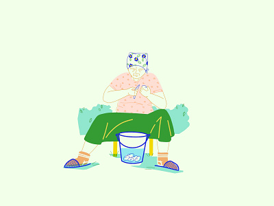Babushka chores colorful dacha freehand grandma illustration procreate summer