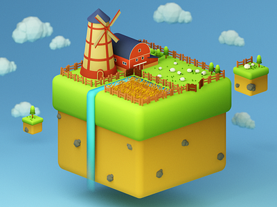 farm on floaty islands blender blender3d illustration lowpoly minimal nature