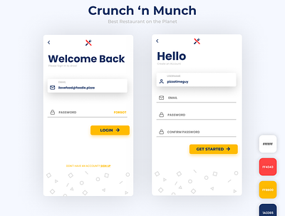 Crunch 'n Munch - Restaurant App Login Screen 4 color app app design color palette design login minimal restaurant signin signup ui