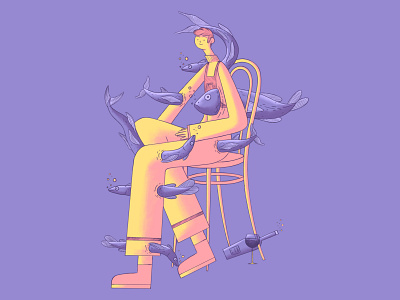 Sitting man crossed by fishes illustration abstract art chair colorpalette colors composition design fish fishes illustration procreate procreate art visual wine
