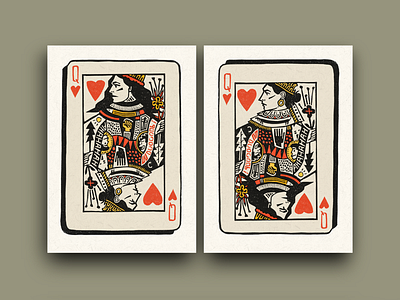 Queens Of Hearts art design flat handmade illustration linocut personal playing card portrait texture