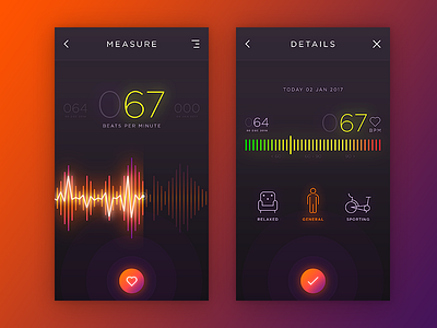 HR Monitor Concept app dark glows gradients heart heart rate material material design monitor shadows ui ux