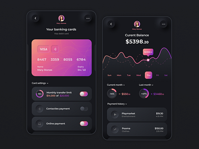 Banking App design app awesome bank bank app banking card credit credit card dark dark app dashboard figma finance gradient illustration pay payment ui uiux wallet