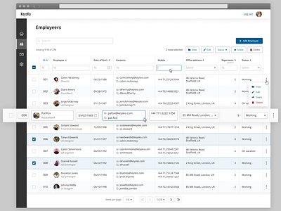 Table with employees data big data crm desktop employees table ui ux web