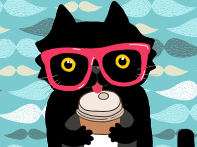 Black cat likes coffee cat character coffee glasses hipster illustration mustache