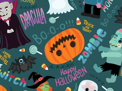 Halloween Pattern bat cartoon character halloween happy pattern seamless witch zombie