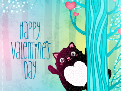 Valentine's day illustration cartoon cat cute fat forest heart holiday love postcard valentine valentines wood