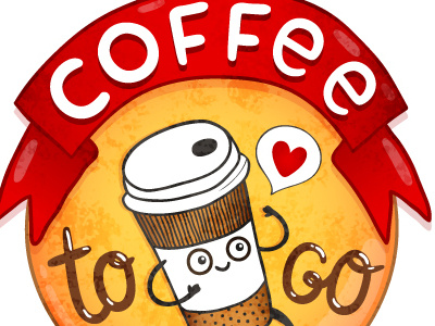 Coffee to go badge cartoon character coffee cute drink food label logo ribbon