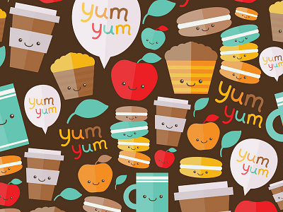 Pattern "Yum-Yum" apple cartoon character coffee cupcake fabric food macaroon seamless tea textile wallpaper
