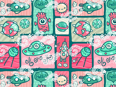 Cosmic Voyage alien cartoon character cute fabric kids pattern seamless space spaceship spoonflower wallpaper