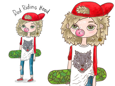 Red Riding Hood cartoon character drawing fairy fairytale girl hood illustration red riding skate