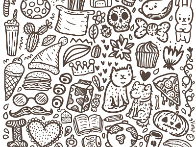 Doodles cat character cupcake cute doodle flower hipster illustration pattern pizza sketch vector