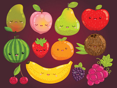 Cute Fruits apple banana character cute food fruit kids mango orange pear vector watermelon