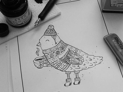 INKtober bird and cacao art bird cacao christmas coffee drawing illustration ink inktober pencil sweater tea